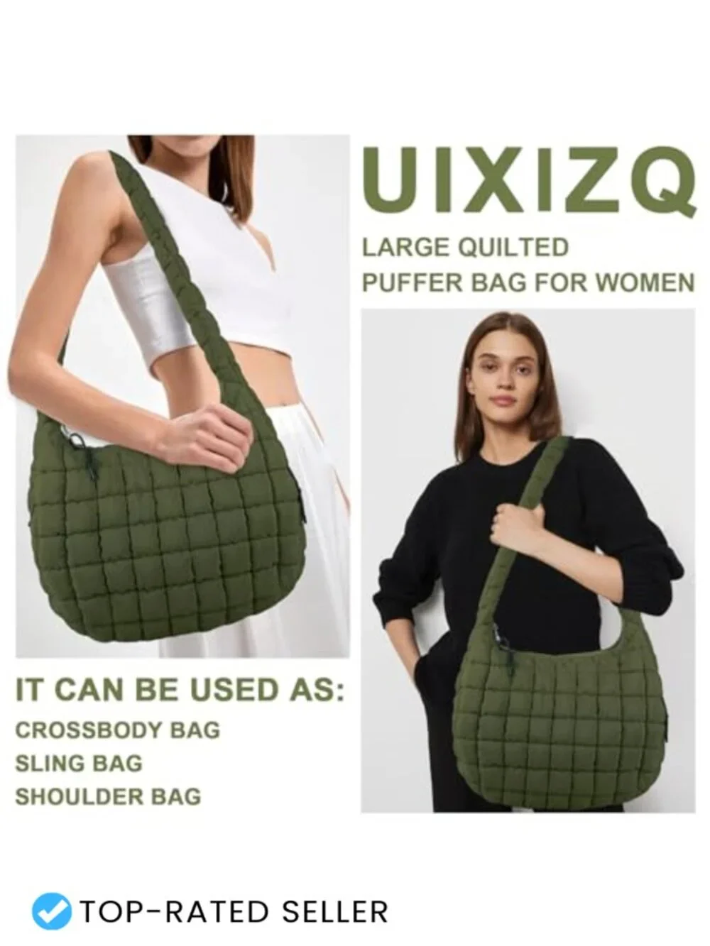 Quilted Puffer Tote Bag - Lightweight Nylon Crossbody Shoulder Hobo